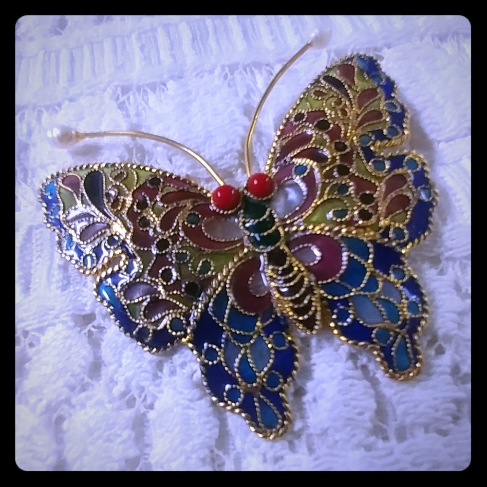 Beautiful Cloisonne Like & Pearl Big Colorful Butterfly Lapel Pin